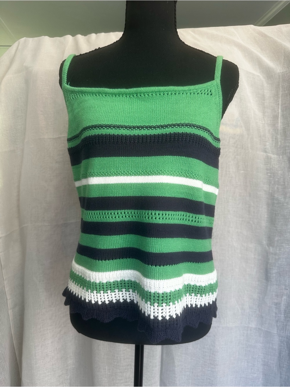 Green Striped Knit Tank Top with Navy & White Accents